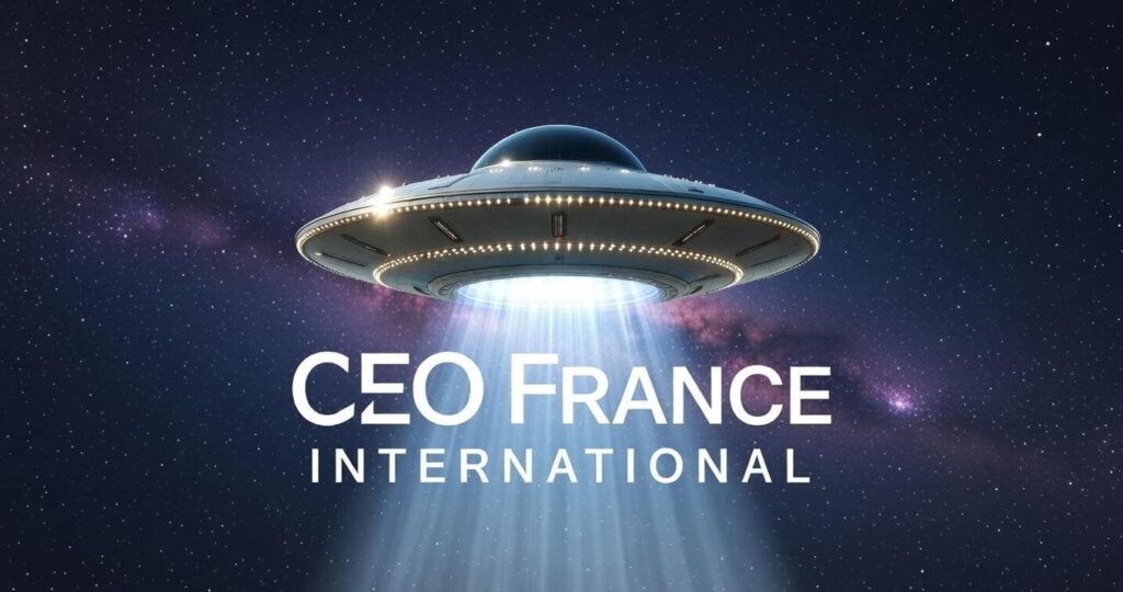 alt="Soucoupe volante OVNI illuminée dans l’espace avec rayon de lumière descendante, logo CEO France International – Association de recherche ufologique et étude des phénomènes aériens non identifiés"