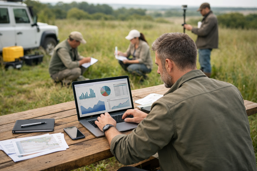 Chercheurs analysant des donnees sur le terrain lors dune enquete ufologique en France avec materiel informatique et observation en exterieur